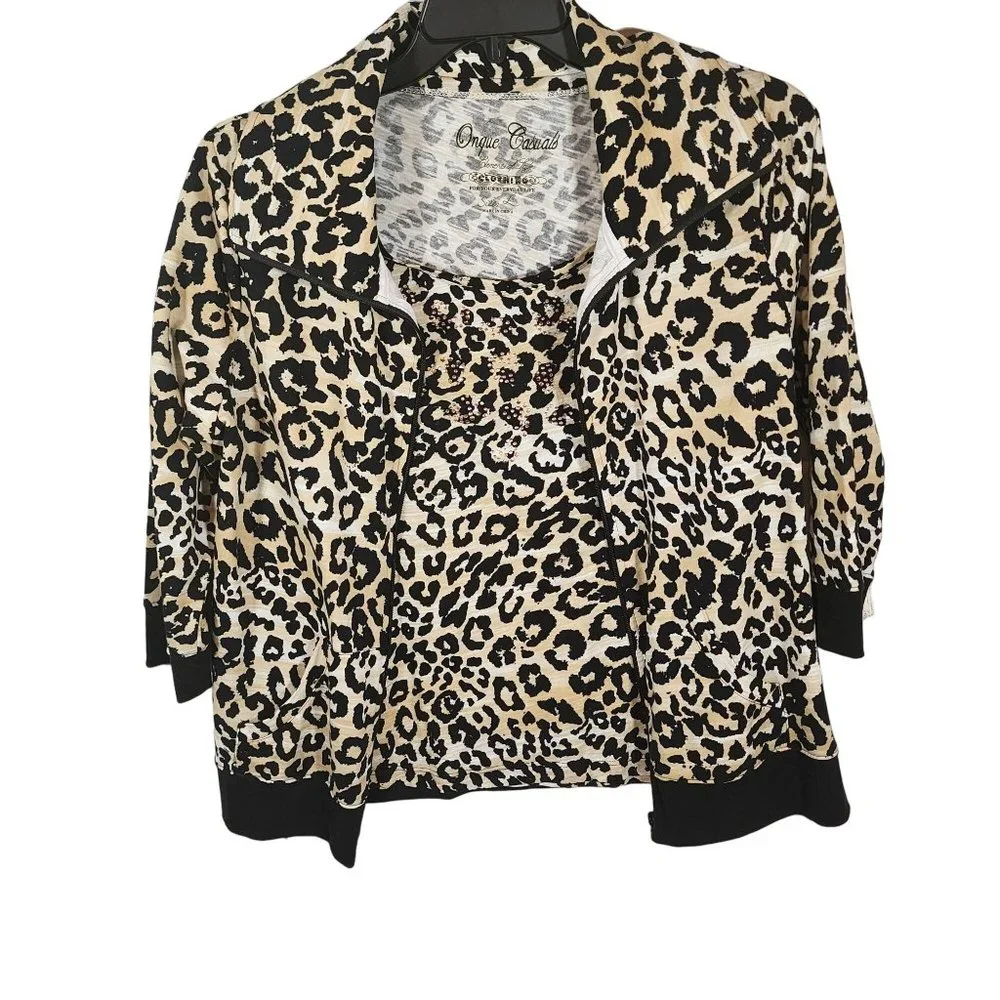 Onque Casuals Leopard Print Twin Set‎ Short Sleeve Top & Jacket NWT